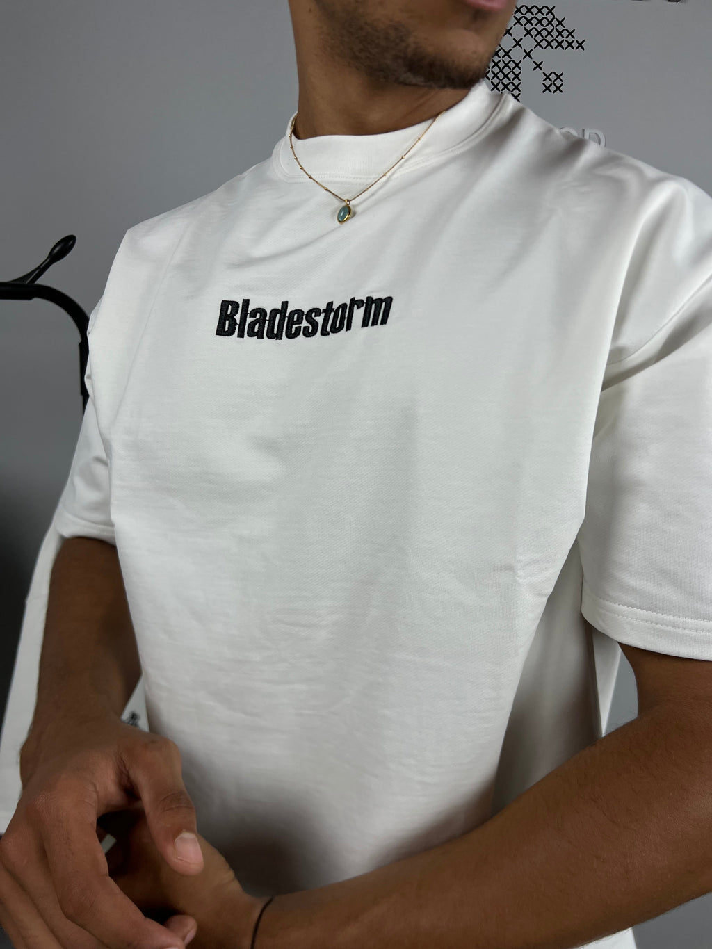 Bladestorm T-Shirt White – Front view on model
